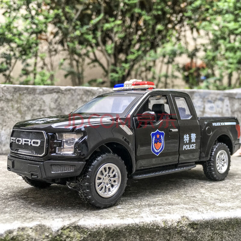 福特猛禽f150皮卡警車玩具汽車模型合金110玩具車男孩回力警察車 黑色