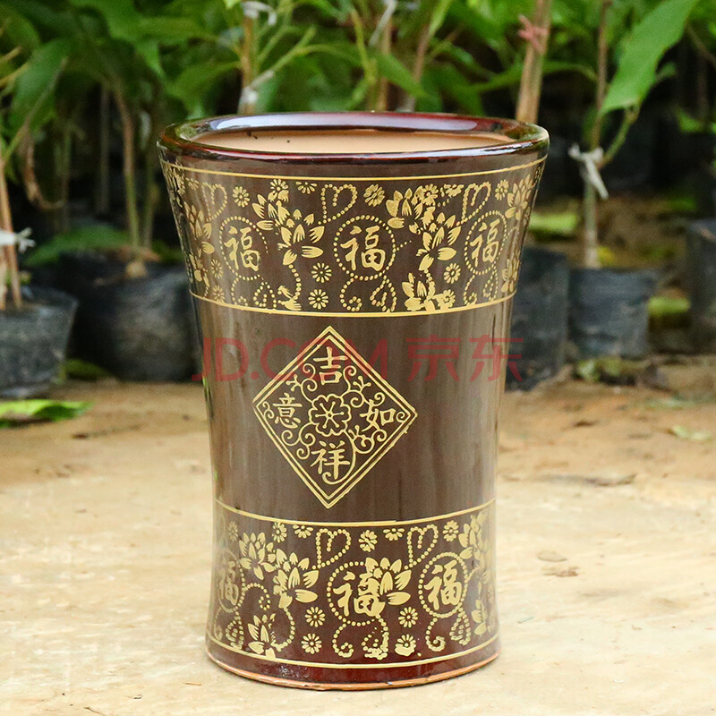 大号陶瓷花盆欧式陶瓷花盆发财树盆金钱树盆简约高筒陶瓷花盆 棕吉祥