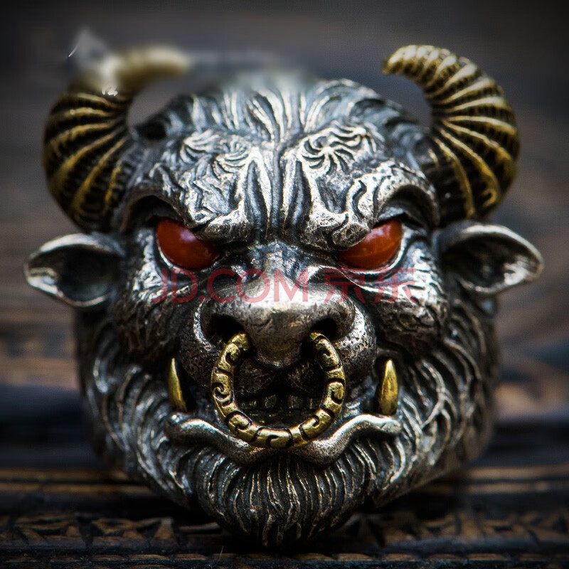 麦嘟嘟 手工s925银戒指牛头男女开口款个性时尚食指戒指环霸气雕刻