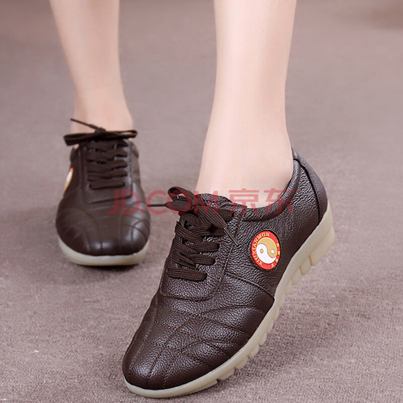 太极女鞋春秋真皮深口女单鞋休闲跑步鞋运动太极鞋牛筋底 女士白色 35