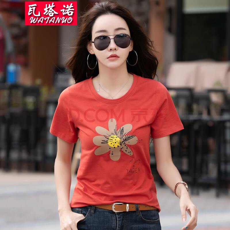 瓦塔诺t恤女短袖夏装体恤衫全棉衣服印花上衣时尚休闲韩版 橘红色 m