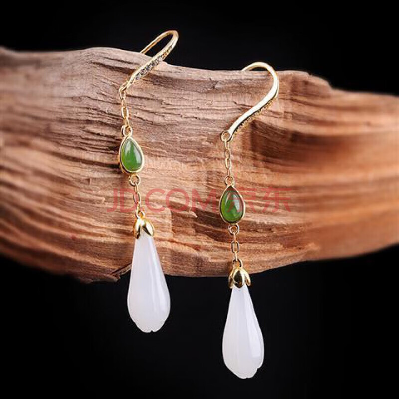 和田玉玉兰花耳环s925防过敏长款耳线女款白玉石耳坠仙女古风 白色