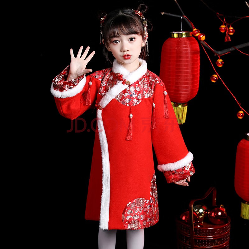 过年旗袍女童新年装中国风宝宝拜年服唐装冬过年喜庆衣服加厚 红色