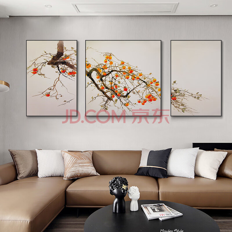 简约现代沙发背景墙挂画新中式风水墙画中国风柿子树三联画大尺寸壁画