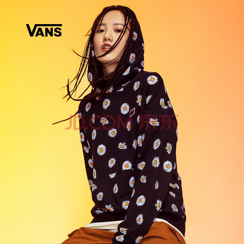 vans范斯官方 黑色印花小雏菊可甜可盐男女情侣连帽卫衣宽松休闲 黑色