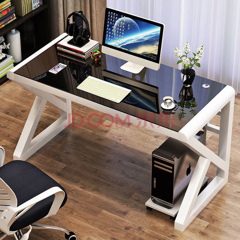 电脑台式桌家用 简约现代经济型书桌 简易钢化玻璃电脑桌学习桌子 白架子黑玻璃 K型80*50*75