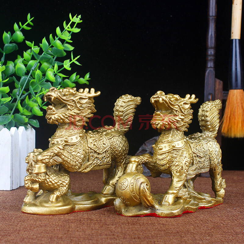 普澜家居 铜麒麟摆件一对母子麒麟家居客厅工艺品铜麒麟送子结婚礼品