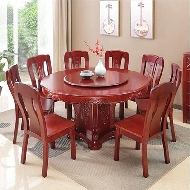 贵人·今福源 餐桌 大理石餐桌椅组合 全实木圆餐桌家用乡村大圆桌