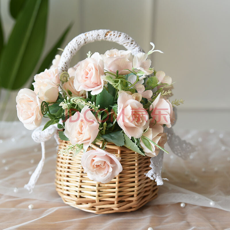 藤编编织手提拍摄道具野餐小花篮子插花摆件家居圆形少女篮小粉玫瑰中