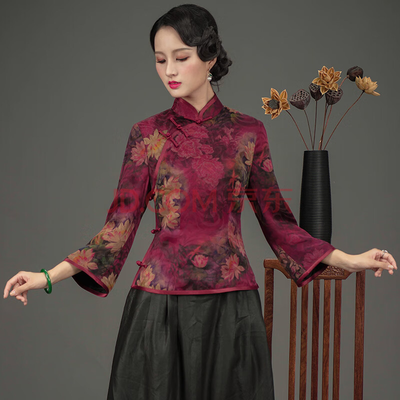 唐装女中国风秋季新款真丝桑蚕丝旗袍上衣女改良复古大码女士唐装