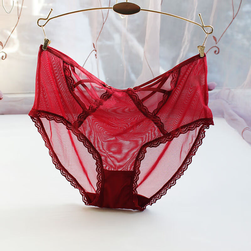 大码女士三角裤胖mm内裤透明性感舒适交叉带镂空中腰棉裆速干亲肤 酒