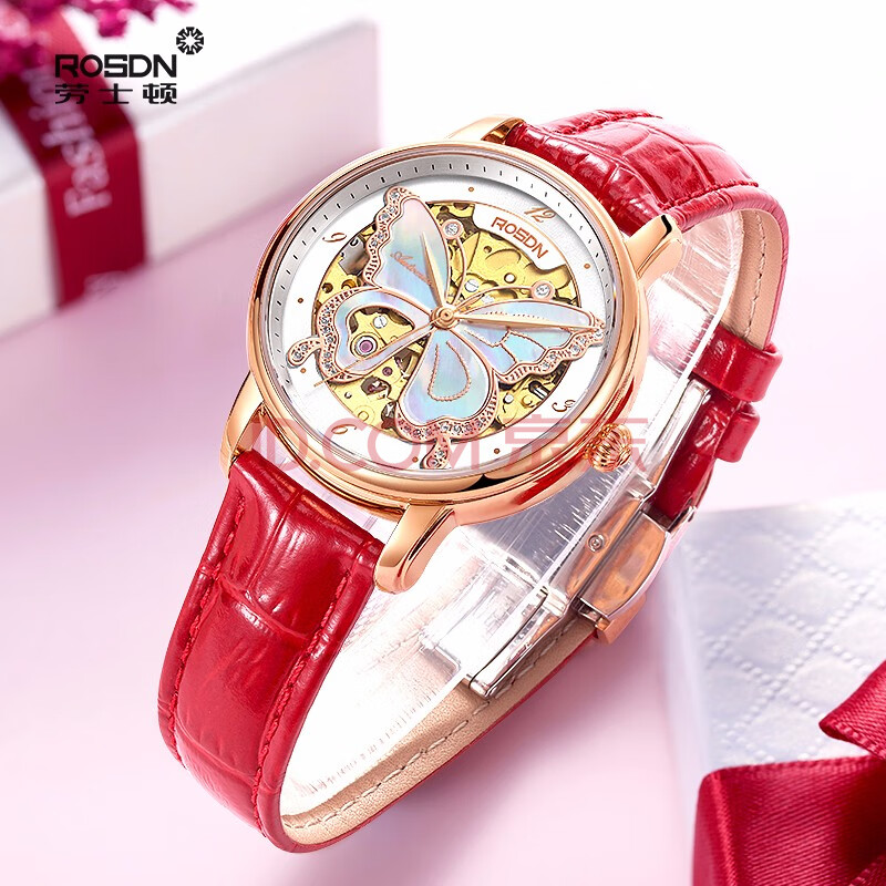 劳士顿女士手表 女装表时尚防水全自动机械手表小红皮带米兰钢带蝴蝶
