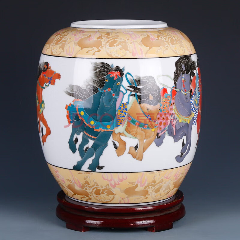 中央美术学院骄子省陶瓷艺术大师刘志喜纯手绘八骏图花瓶摆件