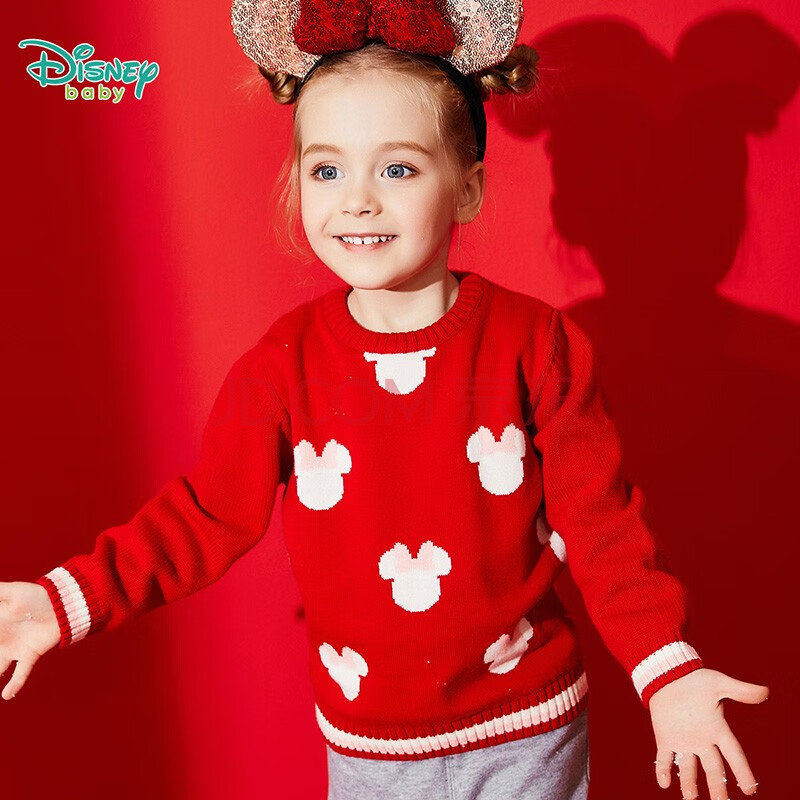 迪士尼(disney)童装 女童纯棉毛衣米妮提花针织衫2020年秋季儿童上衣