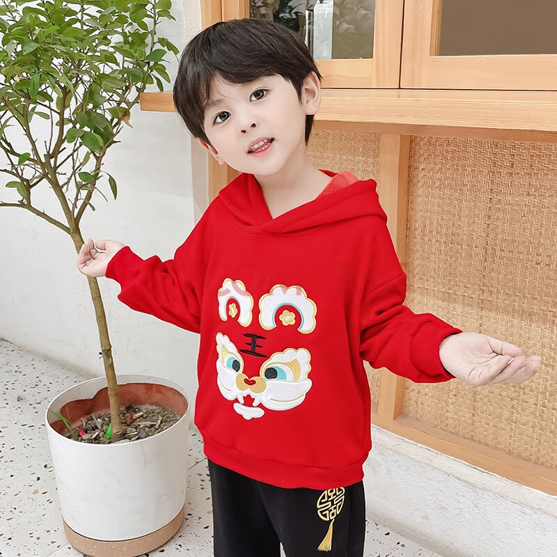 宝宝男唐装两件套古风中式改良中国风演出服红色儿童加绒新年装 9002