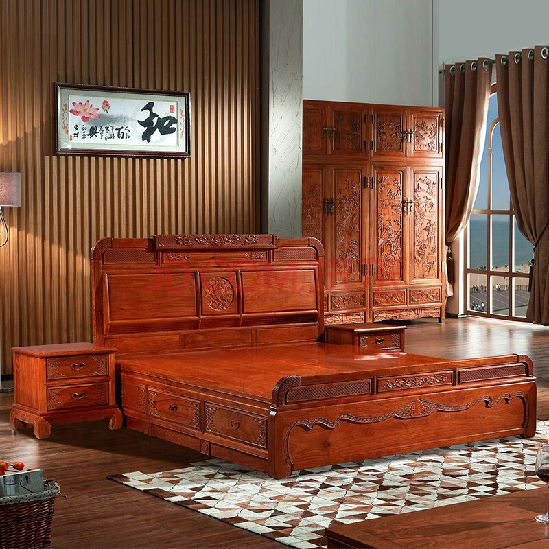粤汉 红木家具缅甸花梨(学名:大果紫檀)全实木床双人床1.