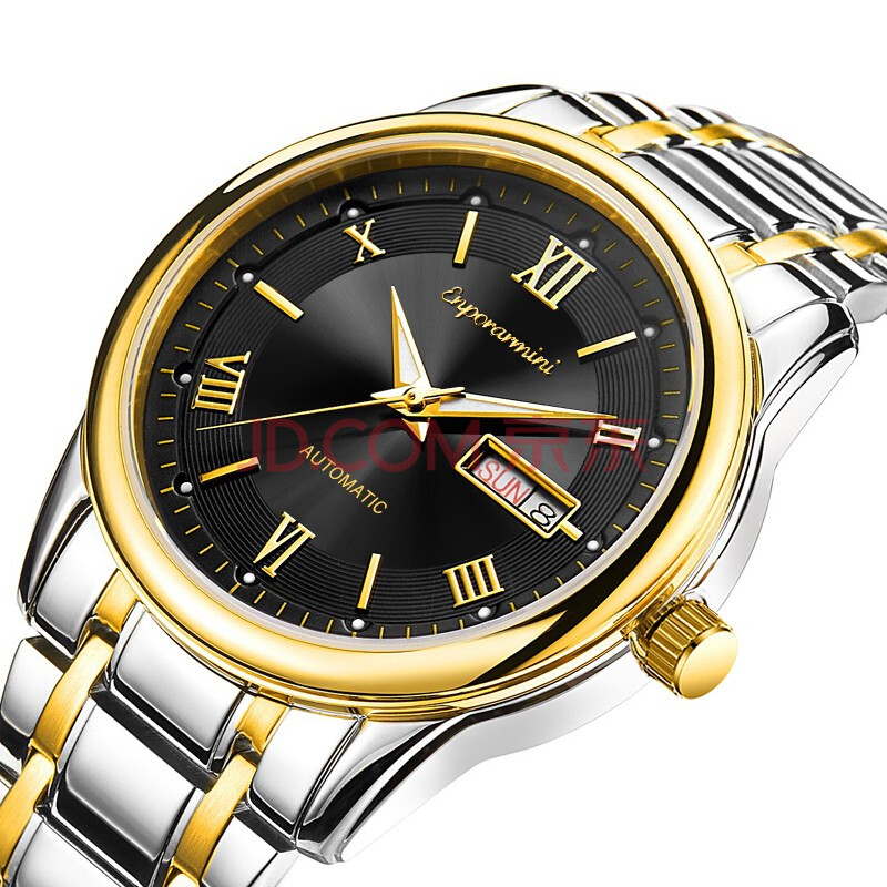 阿米尼男士机械表 全自动商务防水夜光双日历钢带男式腕表钟表9023 间