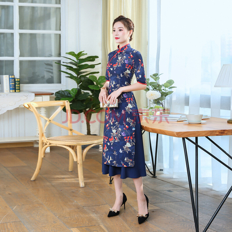 旗袍裙春秋季新款中国风盘扣修身印花改良越南奥黛旗袍连衣裙 蓝色 l