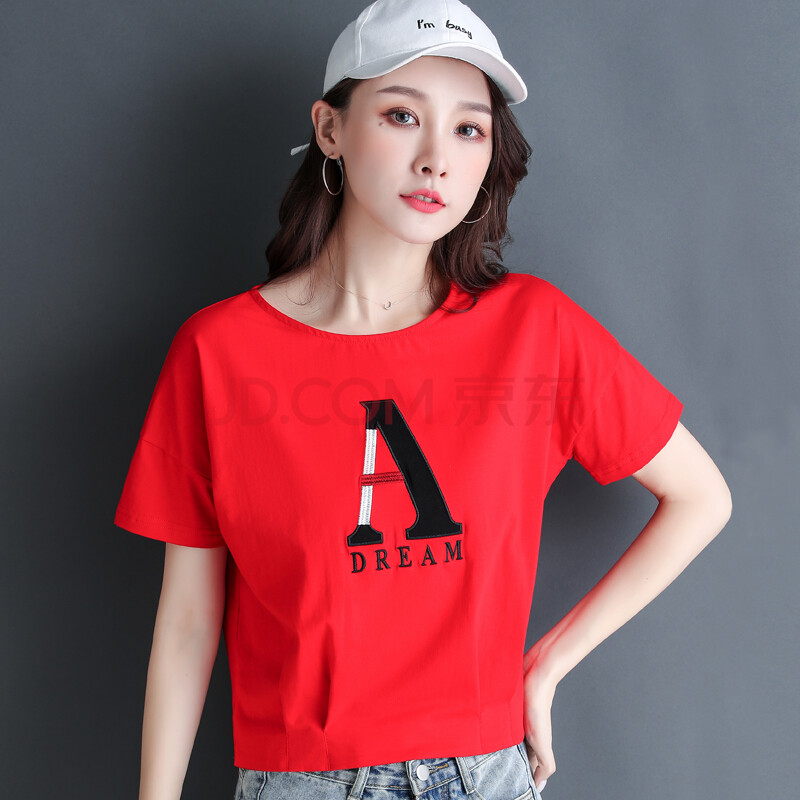 品牌高腰短款上衣2021年新款夏季纯棉韩版红色宽松衣半袖短袖t恤女潮