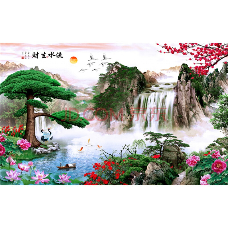 山水画客厅风景 客厅装饰画山水风景壁画现代中式大自然迎客松背景墙