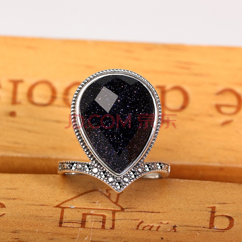 嘉顺泰925银蓝砂石水晶爱心形戒指 复古气质水滴形开口戒指女款 蓝砂