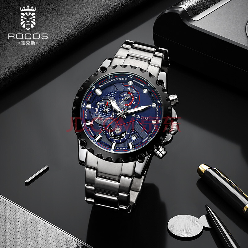 雷克斯rocos品牌2021新款时尚潮流石英男士手表防水钢带夜光 暗蓝版