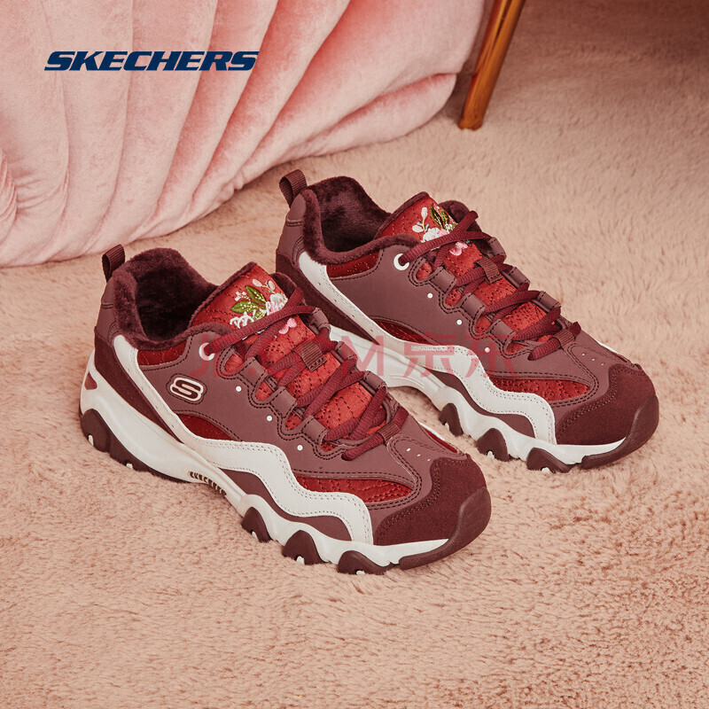 复古厚底老爹鞋绣花保暖绒毛鞋熊猫鞋女鞋66666077 酒红色wine 36