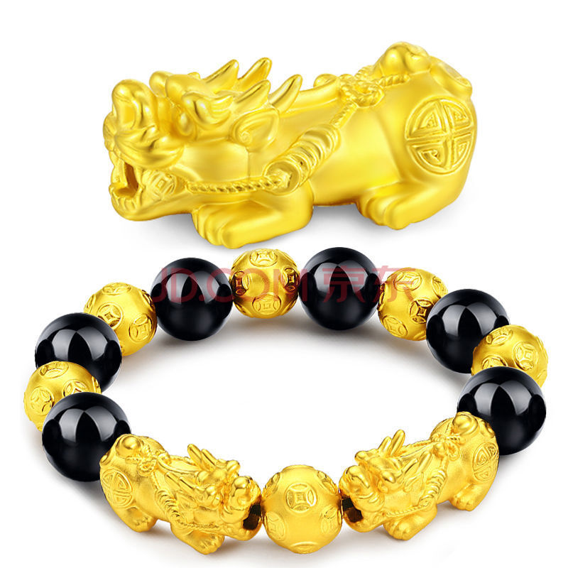 越南沙金貔貅手链手串男女情侣不掉色黑曜石佛珠皮丘首饰转运 双龙戏