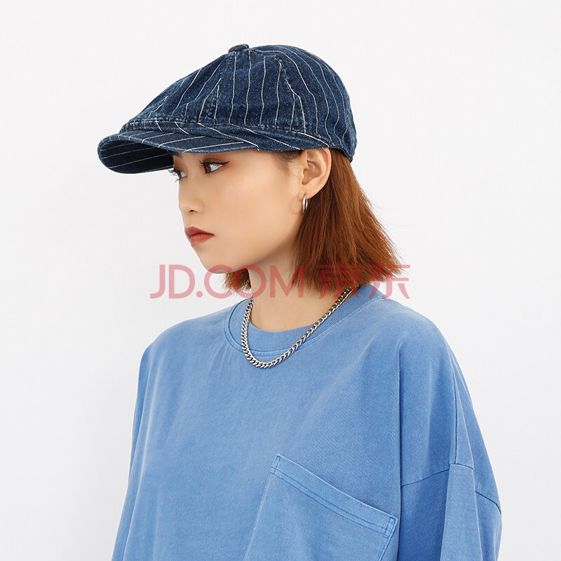 情侣时尚帽子日系复古条纹水洗牛仔八角帽子男女报童鸭舌贝雷帽 蓝色