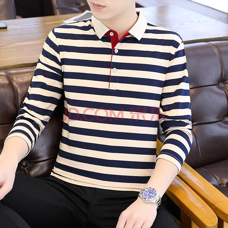 新款衣服男潮流帅气休闲打底衫纯棉保罗polo条纹长袖体恤男装8858e