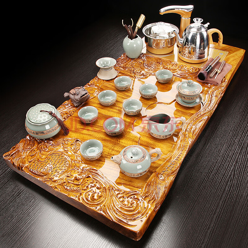 知尊 天然金丝楠木茶盘套装办公室家用茶海茶具全自动电磁炉实木茶台