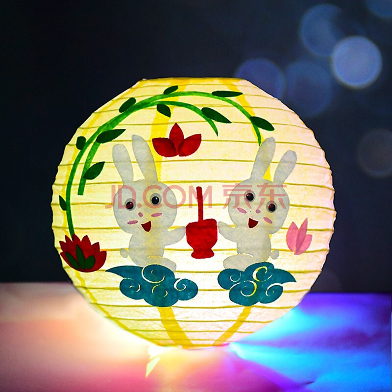 制作材料包幼儿园创意卡通手提发光纸灯笼 玉兔含灯 杆 灯谜(3个装)