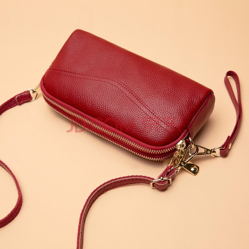 真皮斜挎包小包包女2021新款时尚中年妈妈双拉链软皮牛皮手拿 酒红色