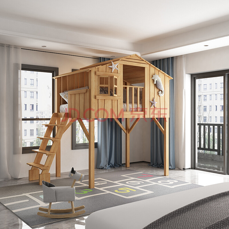 美式实木儿童树屋床双层上下高低铺带滑梯阁楼秘密基地母子公主床