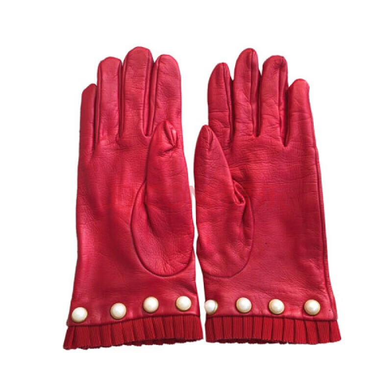 gucci/古驰珍珠装饰蕾丝边点缀红色皮质女士手套 bi 深红色 8英码