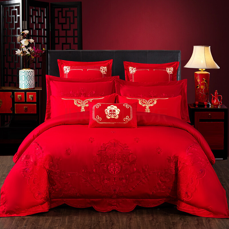 婚庆四件套纯棉全棉刺绣被套喜被婚房结婚床上用品四件套大红新婚