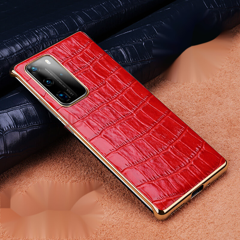 手机套牛皮电镀边商务皮套男女后外壳 华为p40 pro【激情红】--鳄鱼纹