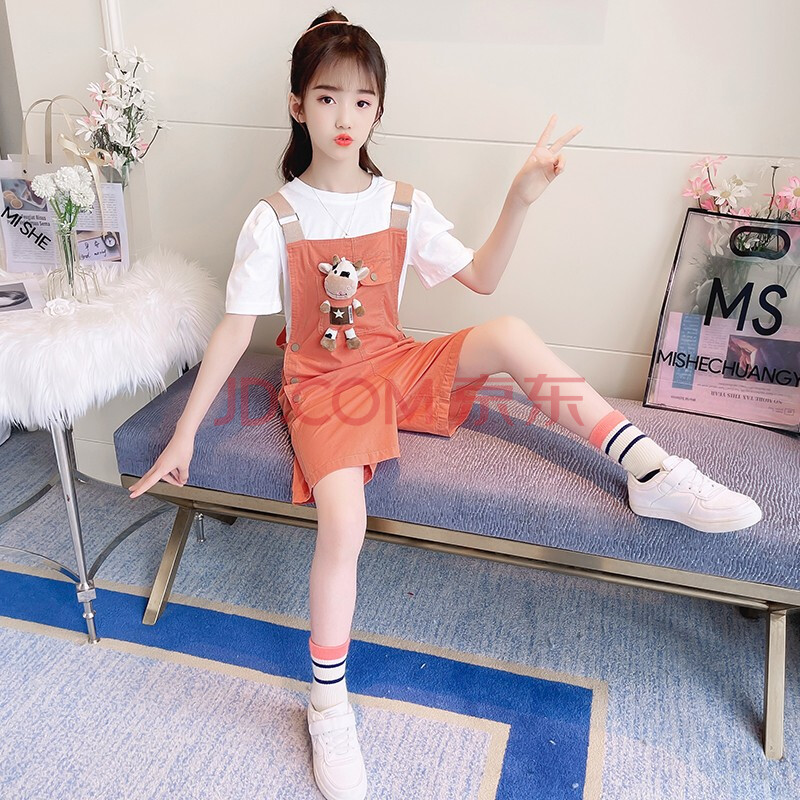 套装夏季儿童t恤小熊吊带短裤两件套9中大童洋气14岁女孩夏天时髦衣服
