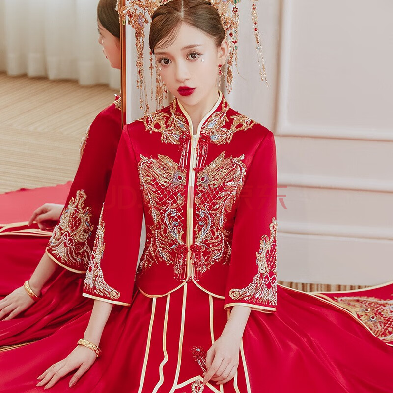 龙曼尼仕秀禾服新娘2021新款排花中式婚纱结婚礼服古装旗袍敬酒服龙凤