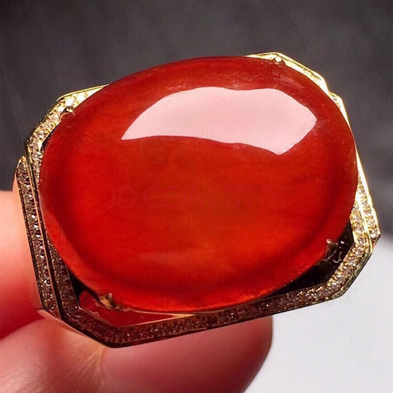 心偶玉 翡翠高冰种红翡蛋面男戒指 冰种翡翠缅甸天然a货翡翠手饰18k金