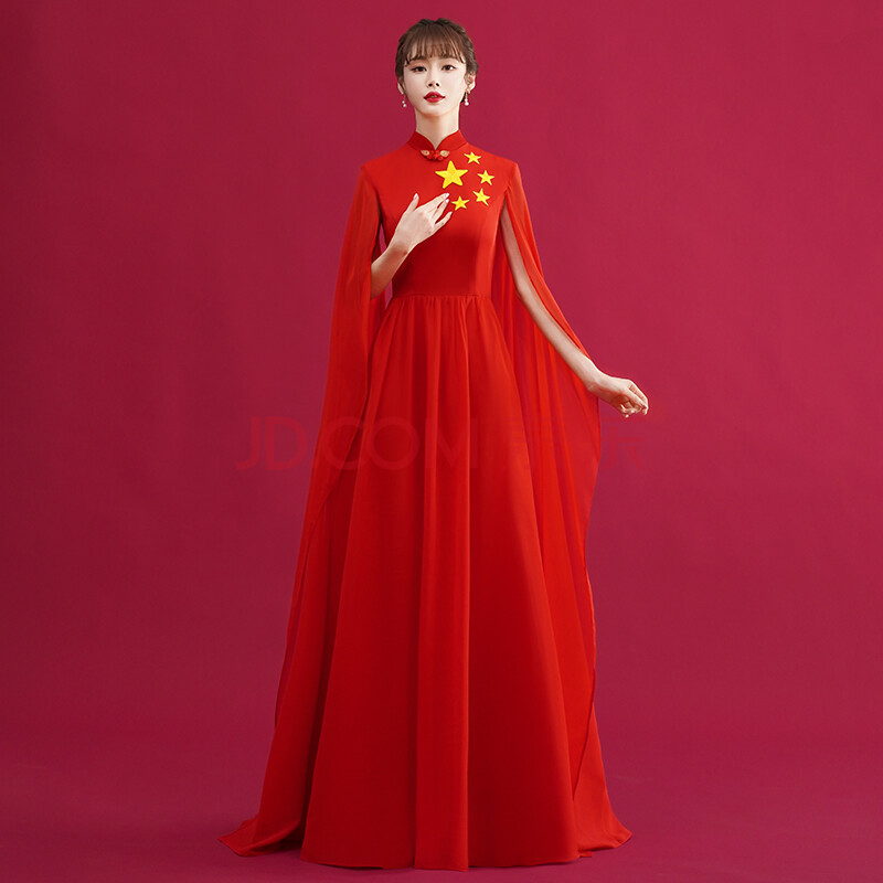 合唱团演出服女长裙舞台朗诵表演服装大合唱指挥主持礼服 红色水袖款