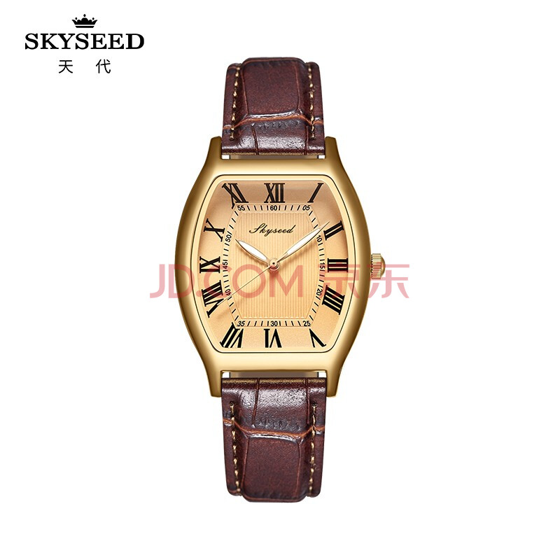 天代女表皮带手表女款罗马刻度表盘防水石英表 玫金咖面