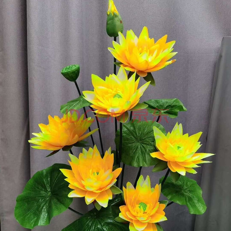 仿真荷花假花7色绢花睡莲莲花插花供佛鱼缸装饰 15头荷花黄色不带盆