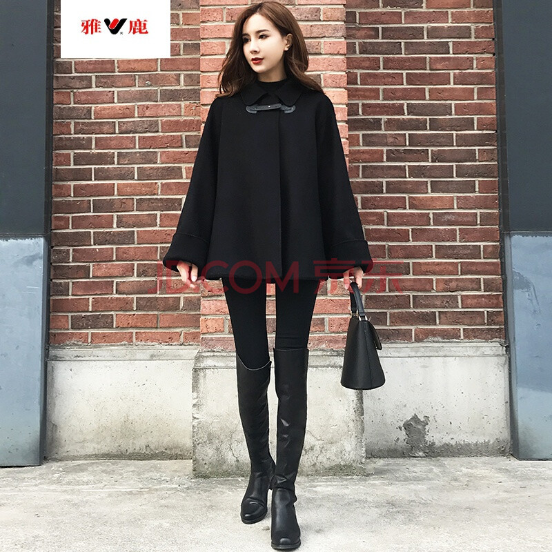 雅鹿 反季秋冬赫本风黑色双面羊绒大衣女 短款小个子羊毛呢斗篷外套