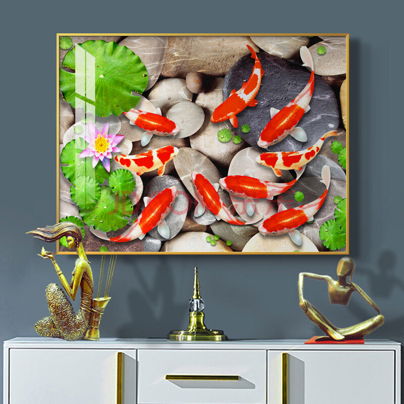 墙挂画现代轻奢装饰画餐厅壁画饭厅单幅九条鱼玄关画小幅卧室 聚财图