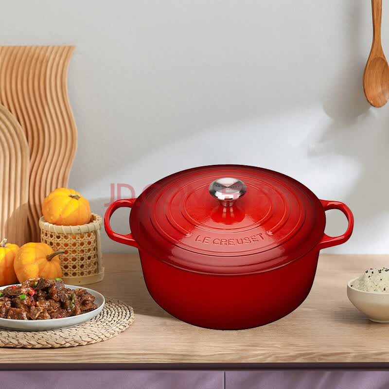 法国原装进口酷彩(lecreuset)珐琅铸铁类圆形烧锅炖锅22cm 22cm樱桃红