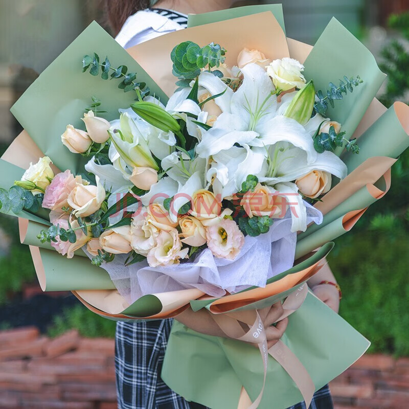 岚黛 鲜花同城配送香槟玫瑰白百合混搭花束生日礼物探望拜访送长辈