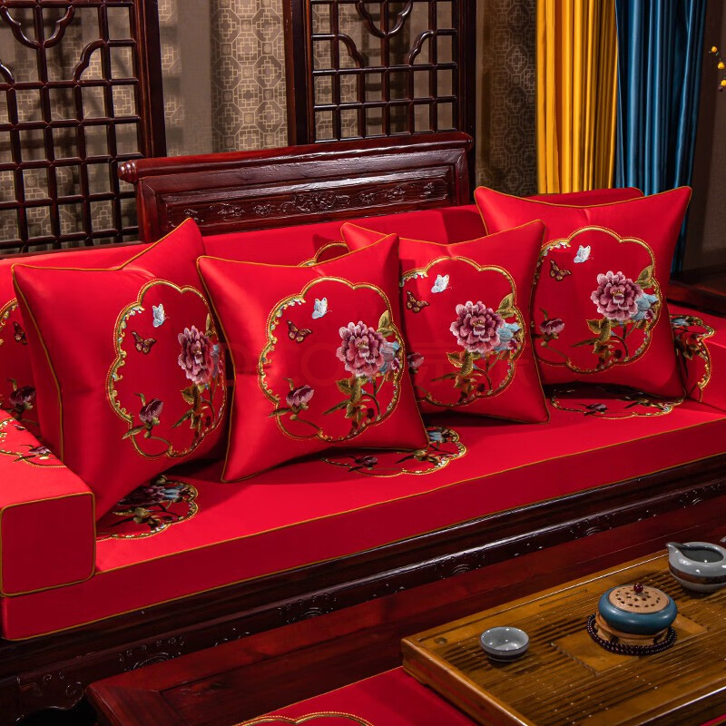 艺帛乾堂新中式红木沙发坐垫结婚喜庆红色高档加厚实木家具沙发垫套罩