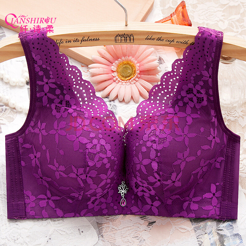 女薄款无钢圈大码内衣性感深v聚拢上托调整型背心式文胸罩1355 紫色