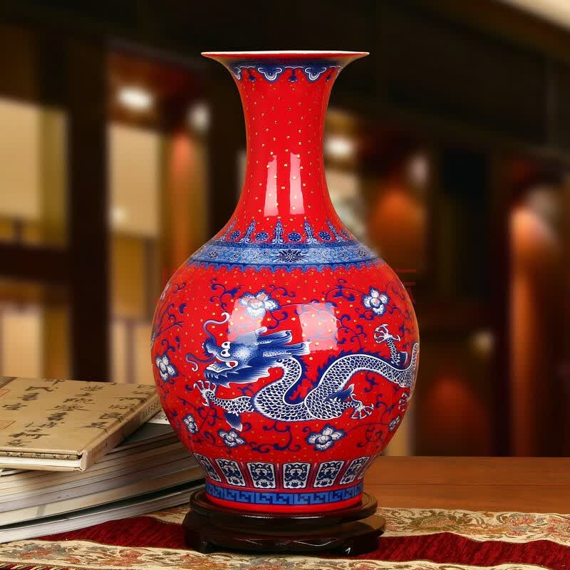 鸿瑀 景德镇陶瓷花瓶珐琅彩中国红青龙赏瓶 婚庆中式家居装饰收藏工艺